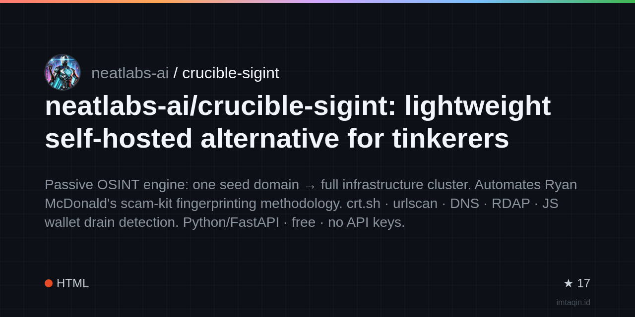 neatlabs-ai/crucible-sigint: ryan published ["Fingerprinting Malicious Infrastructure Using Free