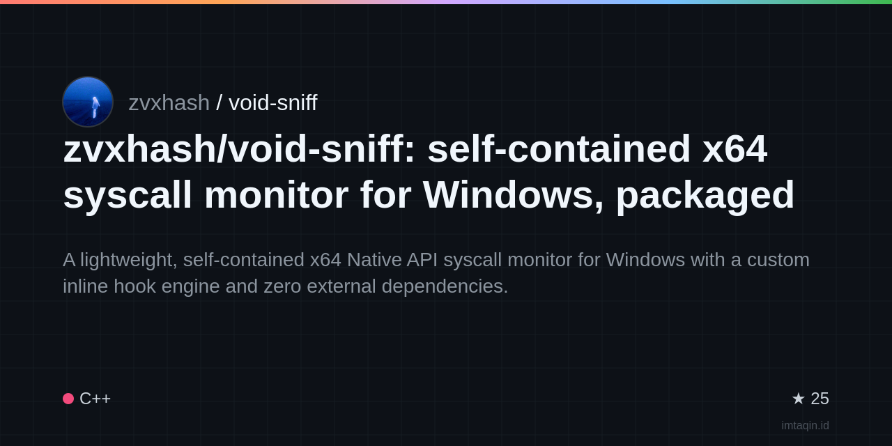 zvxhash/void-sniff: self-contained x64 syscall monitor for Windows, packaged as a single injectable DLL