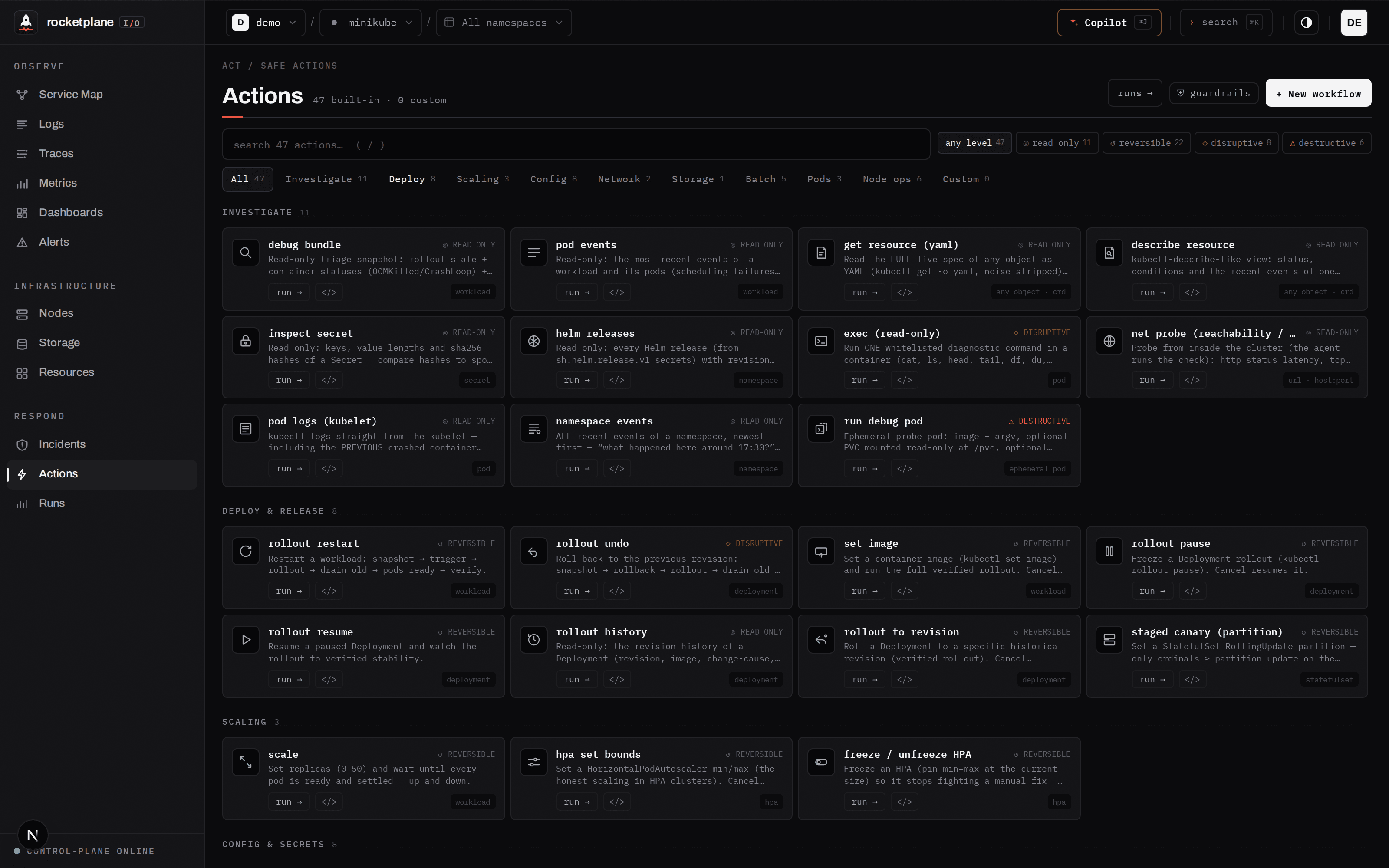 Actions catalog, grouped by category with risk levels