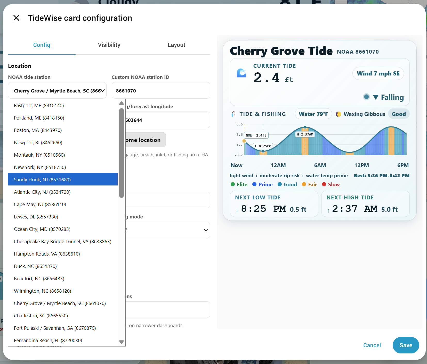 TideWise NOAA station picker in the visual editor