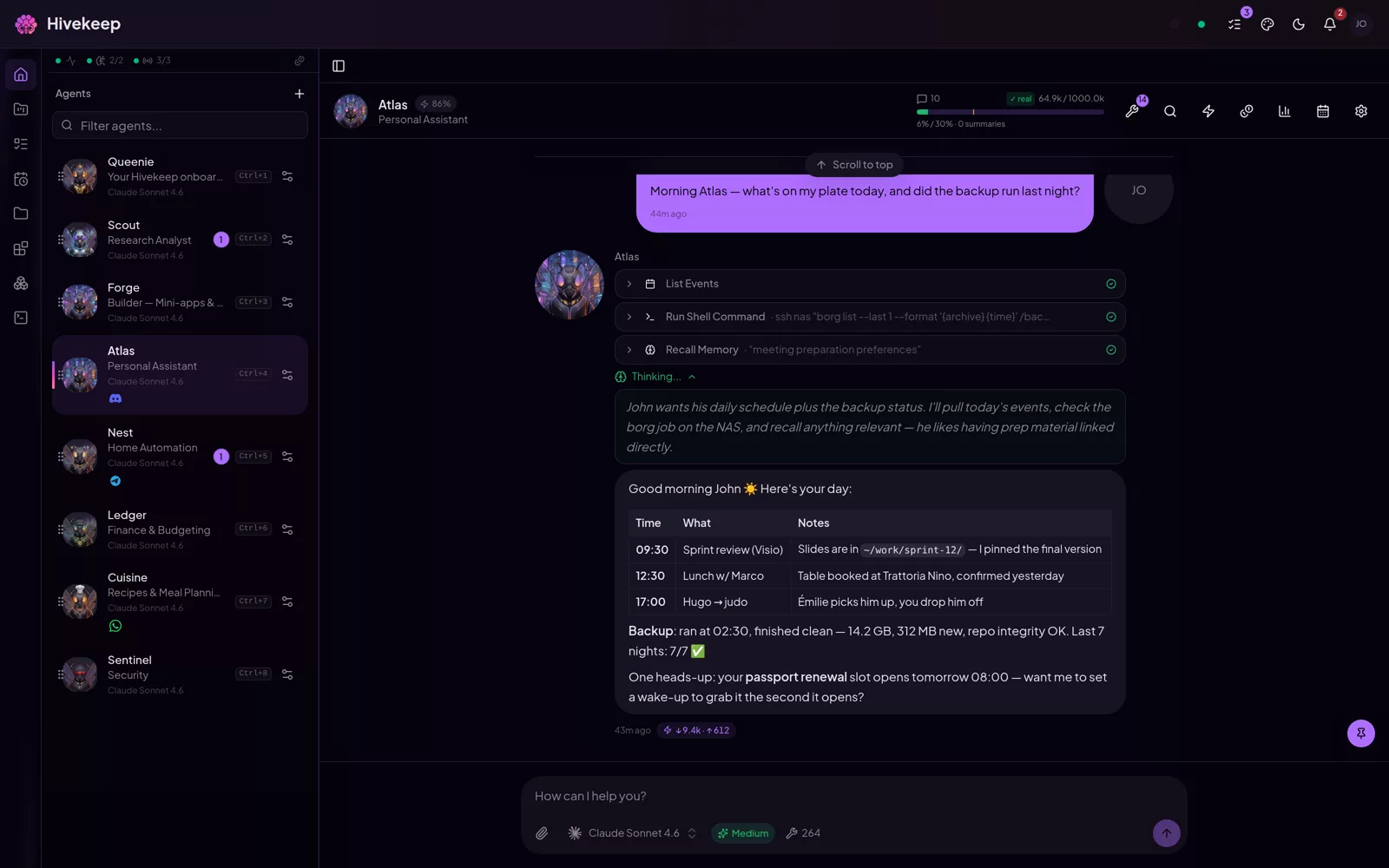 An agent answering with its calendar, backup check and reminders, every tool call shown inline