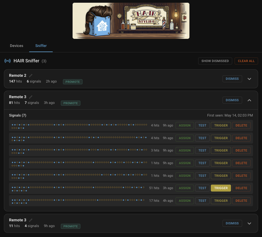 Sniffer showing captured signals with S/L diamond fingerprints, trigger buttons, and hit counts