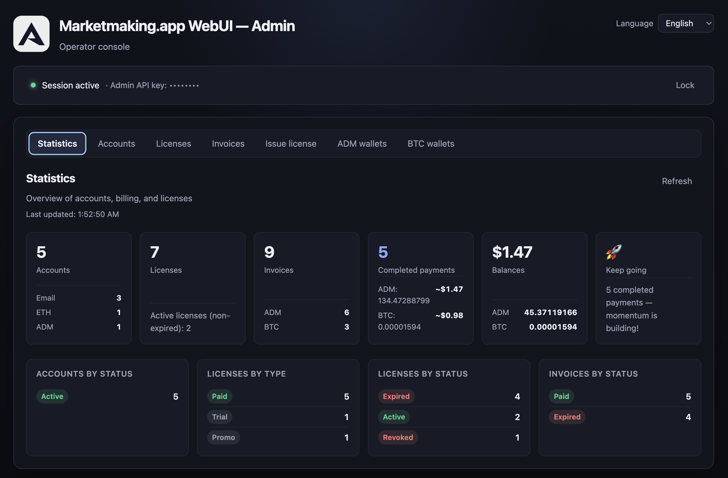 Admin statistics and balances