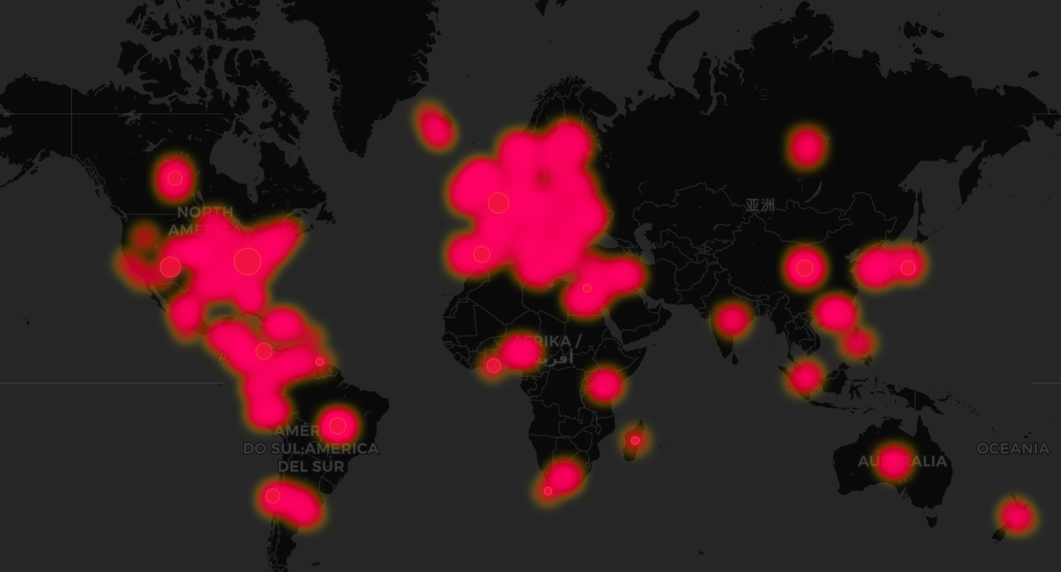 Global heatmap: 826k Meari/CloudEdge devices geolocated by WAN IP, plotted at ~1.1km resolution