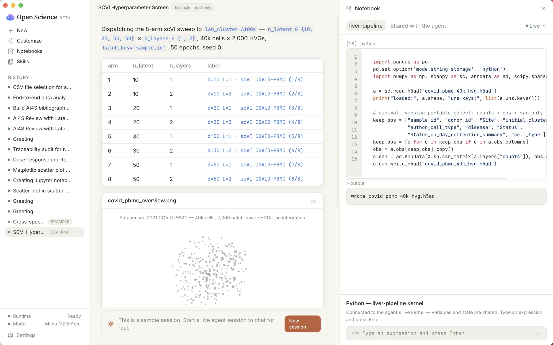 An experiment sweep table alongside a live analysis notebook