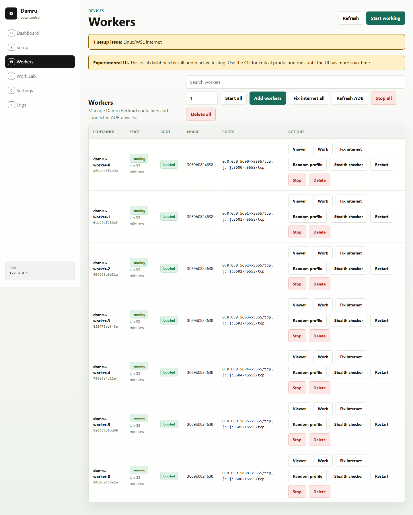Damru UI workers page