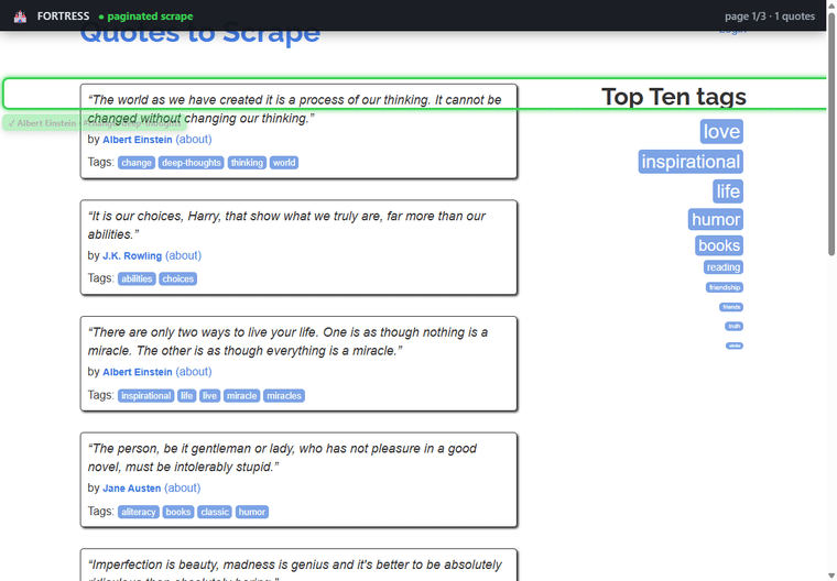 Fortress auto-paginating across pages of quotes.toscrape.com