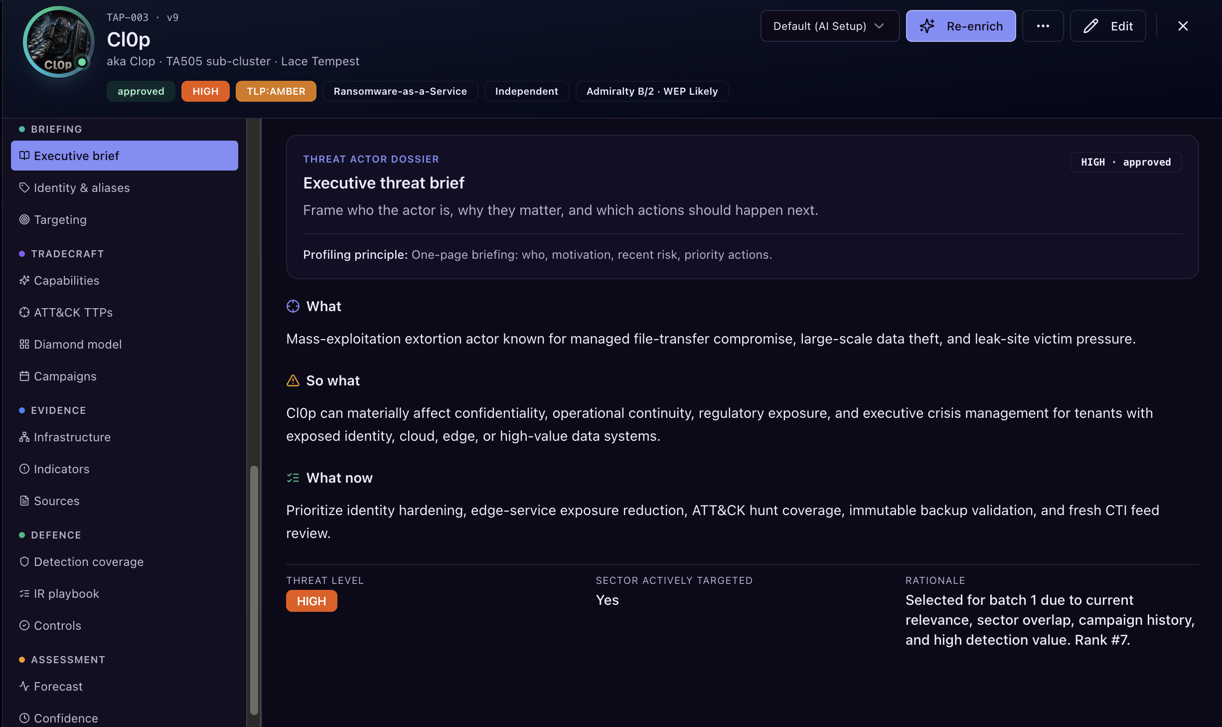OptraSight Threat Actor Profile detail dossier with actor identity, evidence, aliases, and investigation context