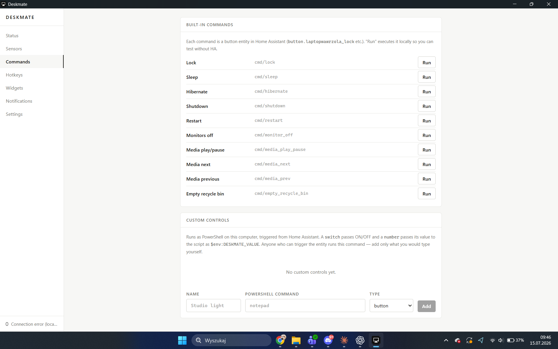 Commands tab