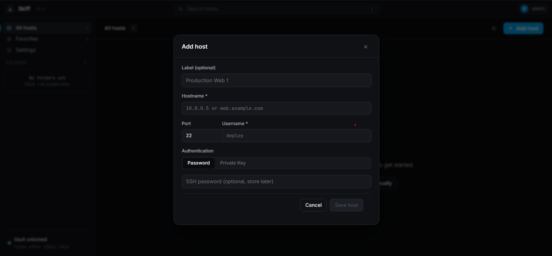 Add host dialog