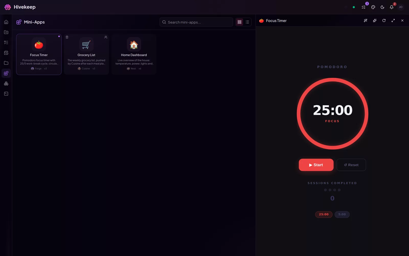A focus-timer mini-app an agent built, running in the workspace next to the chat