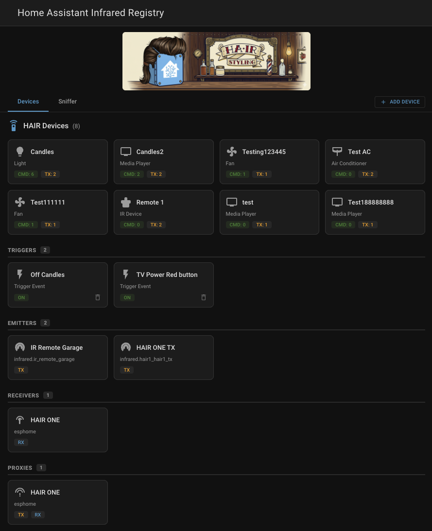 Devices overview showing HAIR Devices, Triggers, Emitters, Receivers, and Proxies