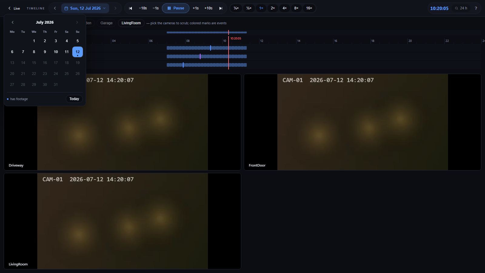 Timeline: synced multi-camera scrubbing with coverage bars, event marks and a footage calendar