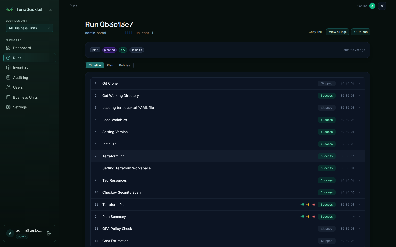 Run detail page showing a green step-by-step Terraform pipeline timeline