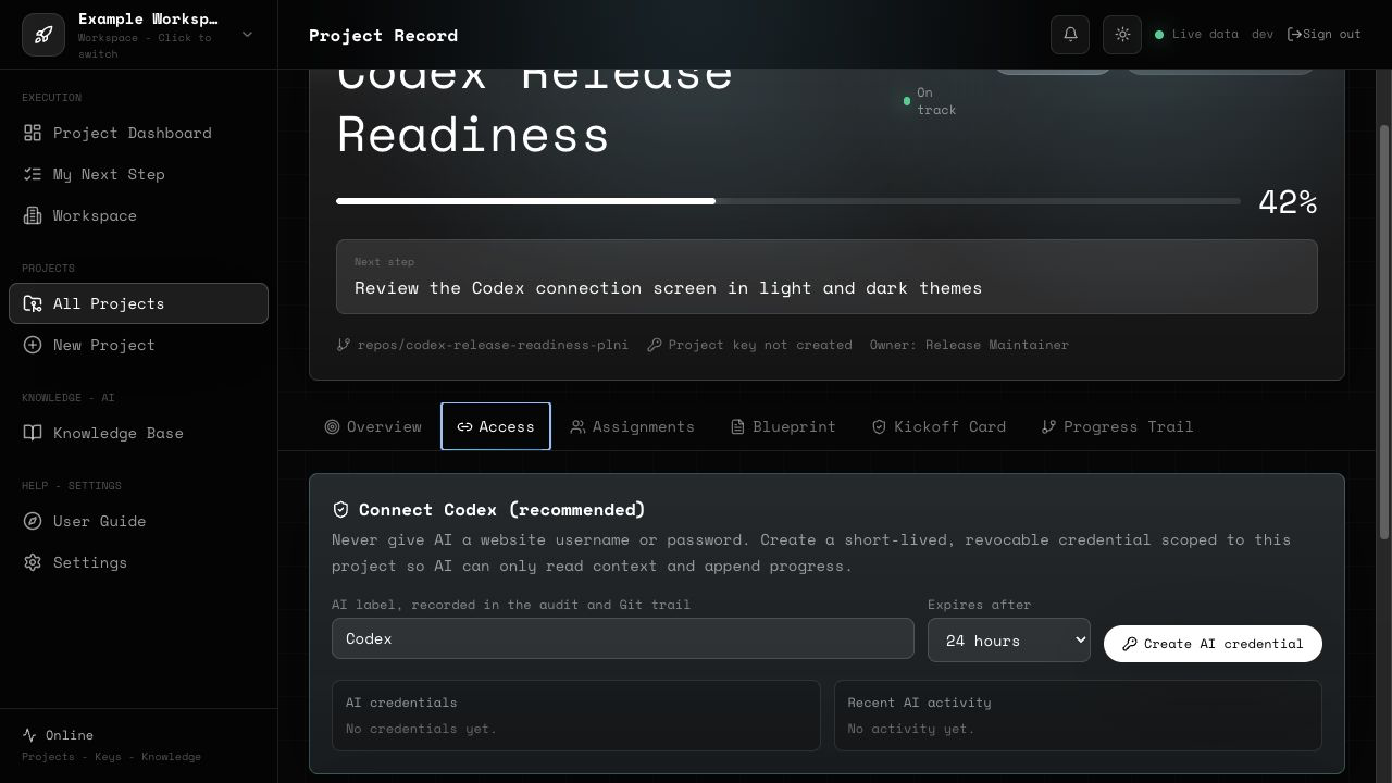 Create a short-lived project credential for Codex