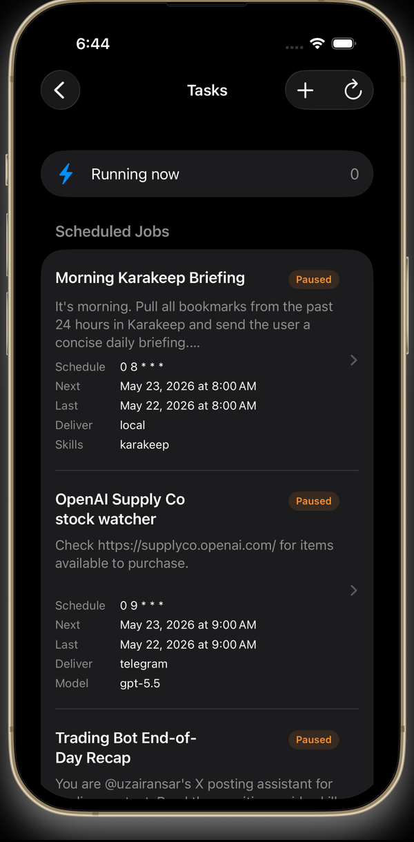 Tasks screen listing scheduled cron jobs