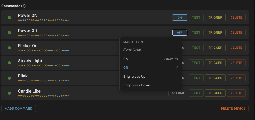 Action mapping popover for binding commands to HA entity features