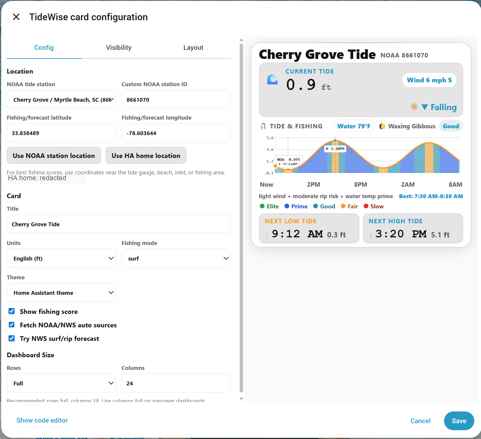 TideWise visual editor showing the theme selector and live preview