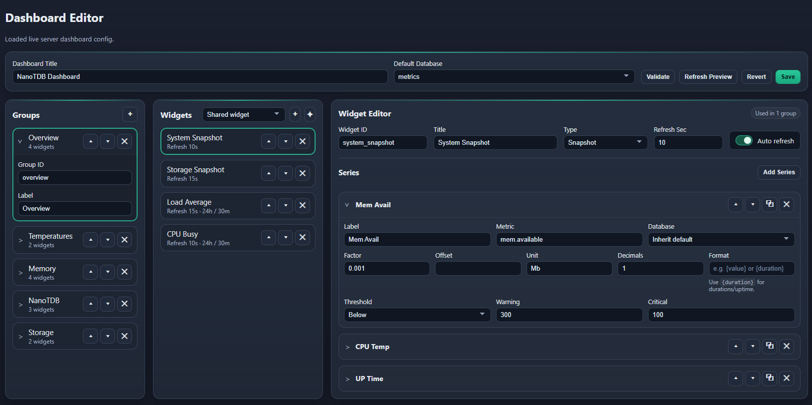 NanoTDB dashboard editor