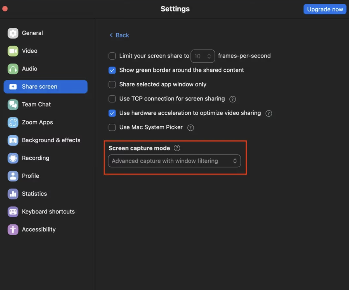 Zoom Settings → Share Screen → Screen capture mode set to Advanced capture with window filtering