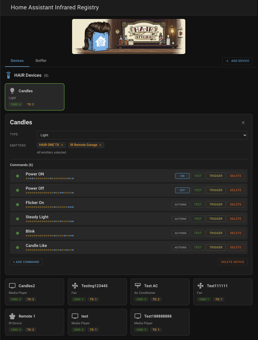 Device detail with learned commands, S/L fingerprints, and trigger buttons