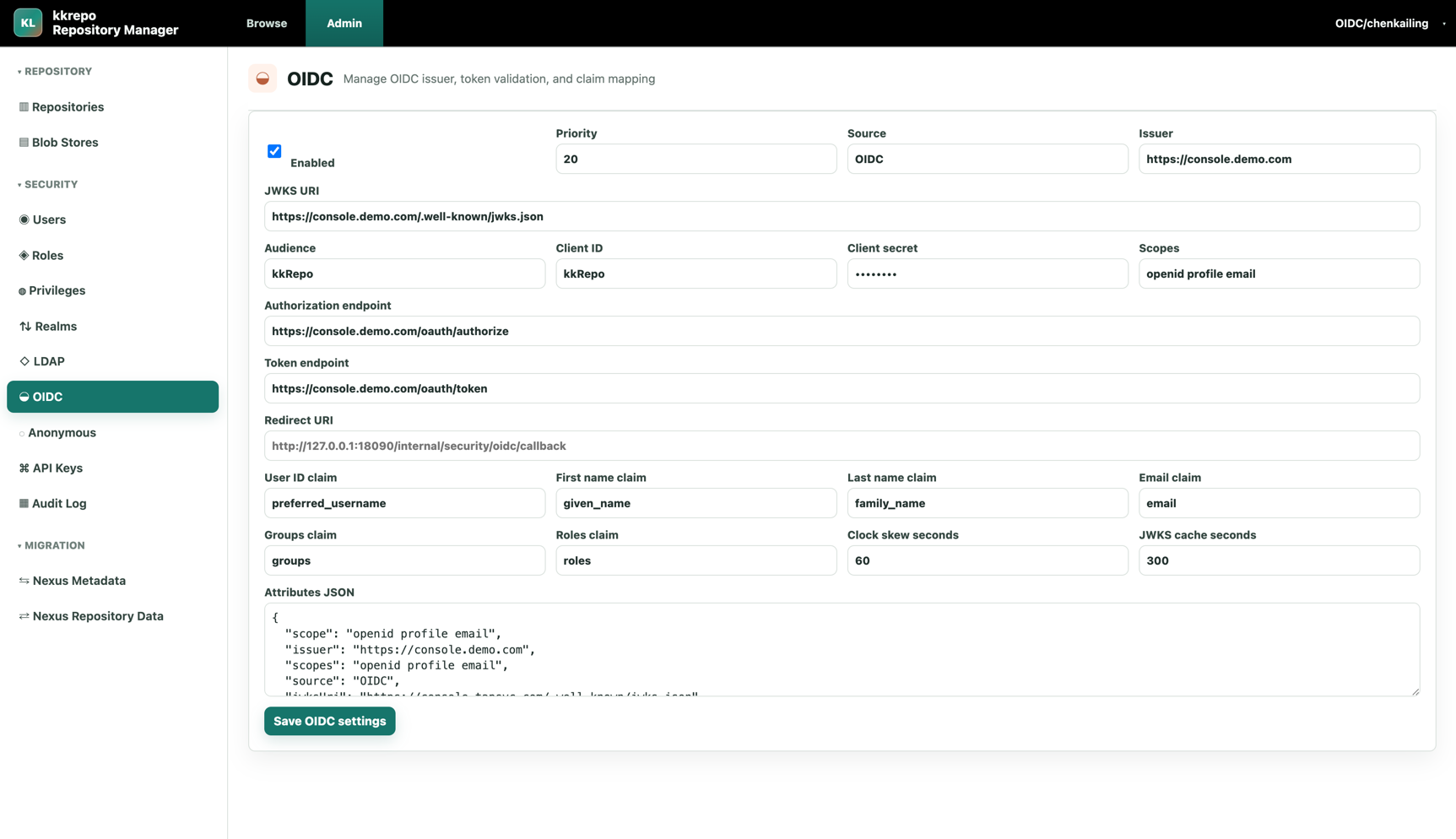 Admin OIDC configuration