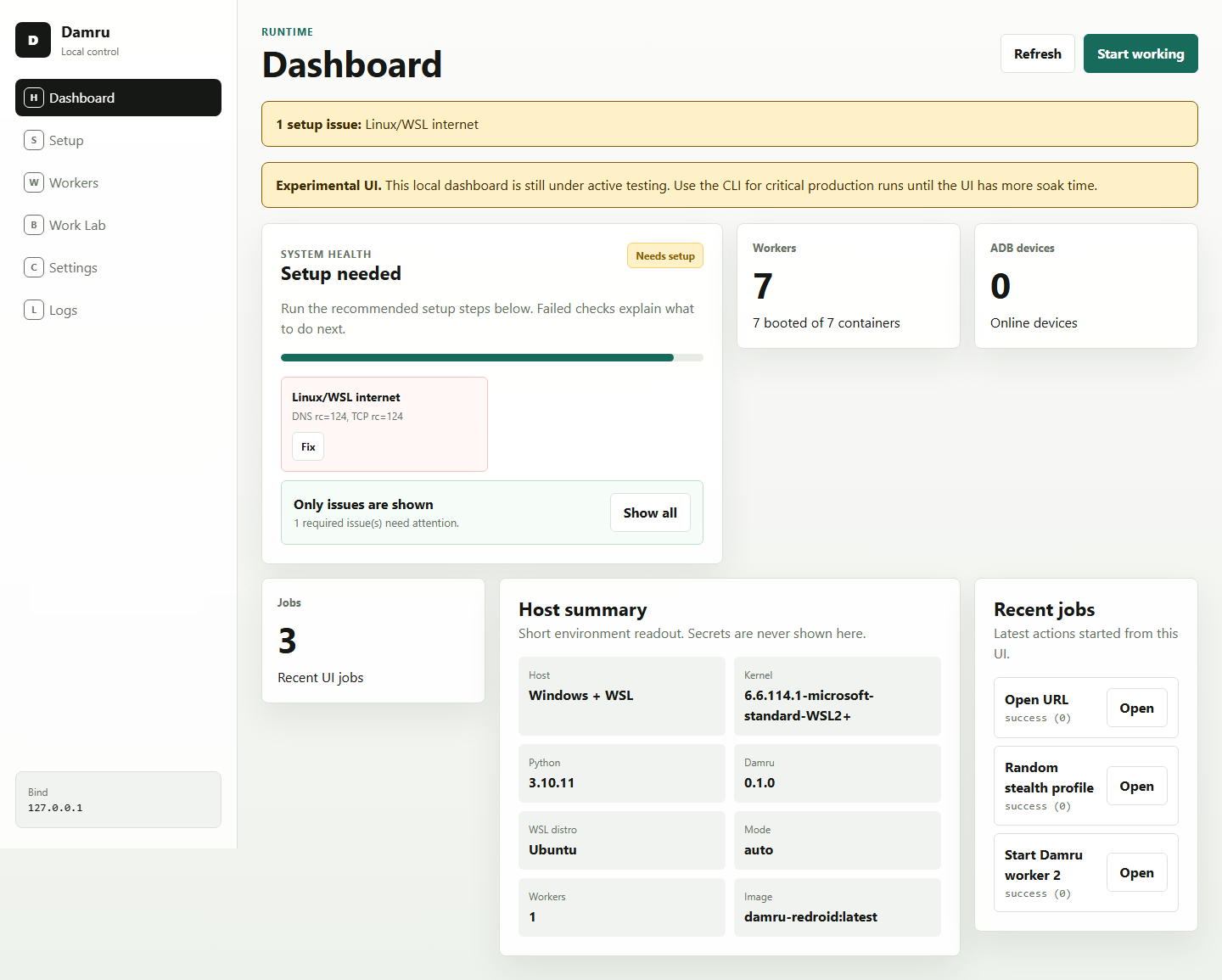 Damru UI dashboard