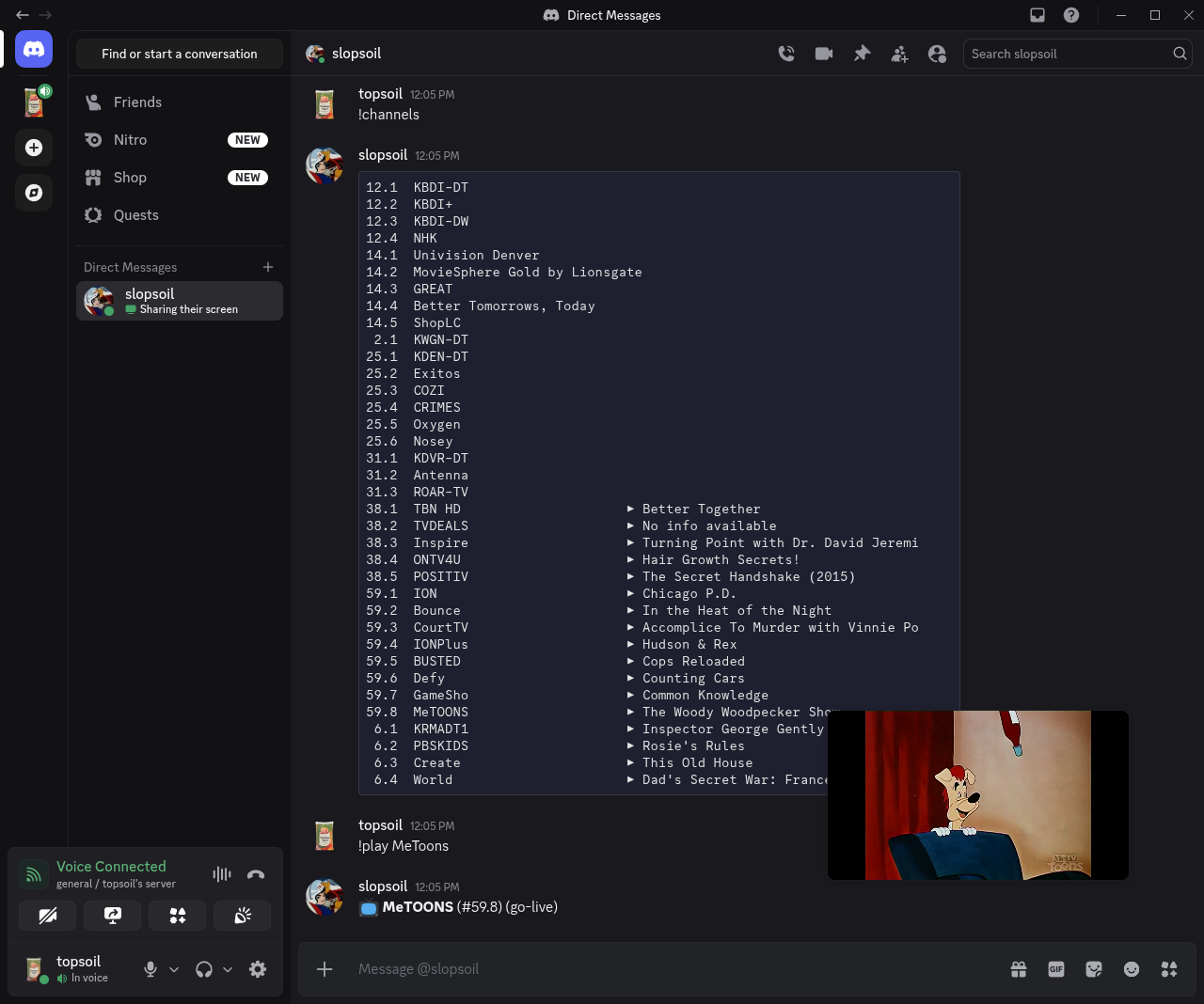 Channel list showing TVheadend channels with now-playing info