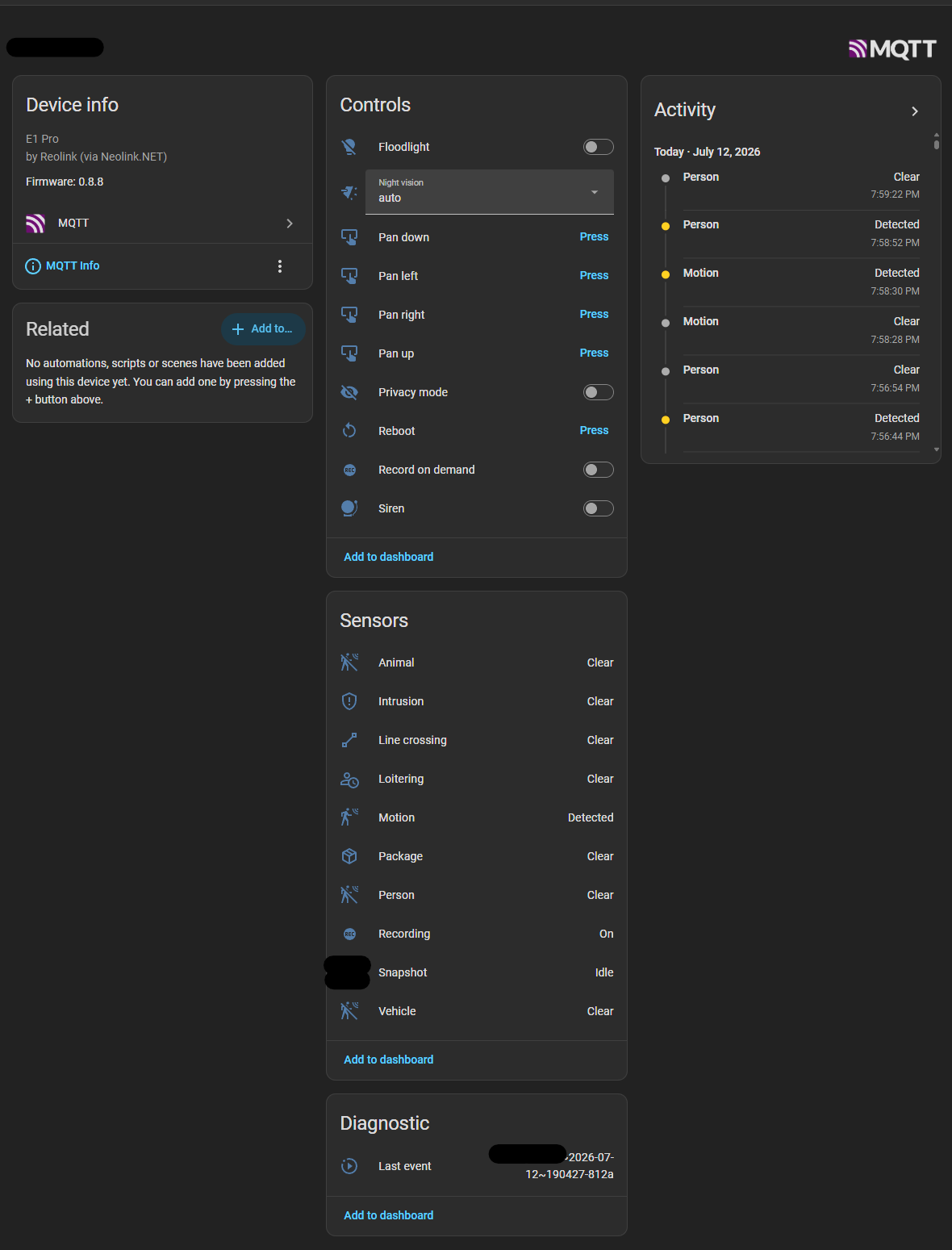 A camera's Home Assistant device page: controls (floodlight, night vision, PTZ, privacy mode, siren, reboot), detection sensors and an activity feed — all auto-discovered over MQTT