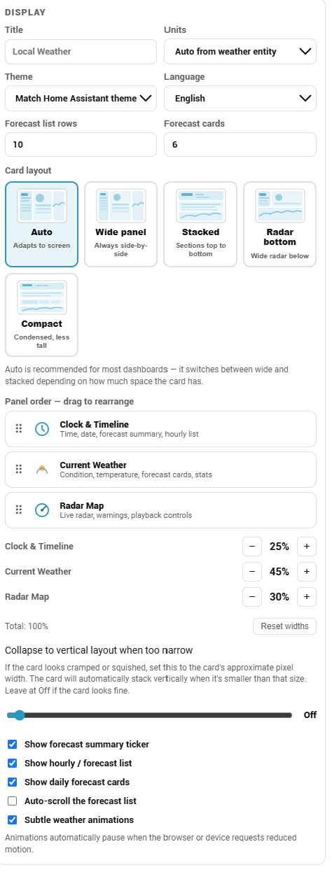 RadarWise visual editor layout controls