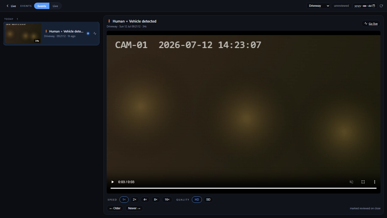 Events page: deep-linkable event review with playback speed and HD/SD quality controls