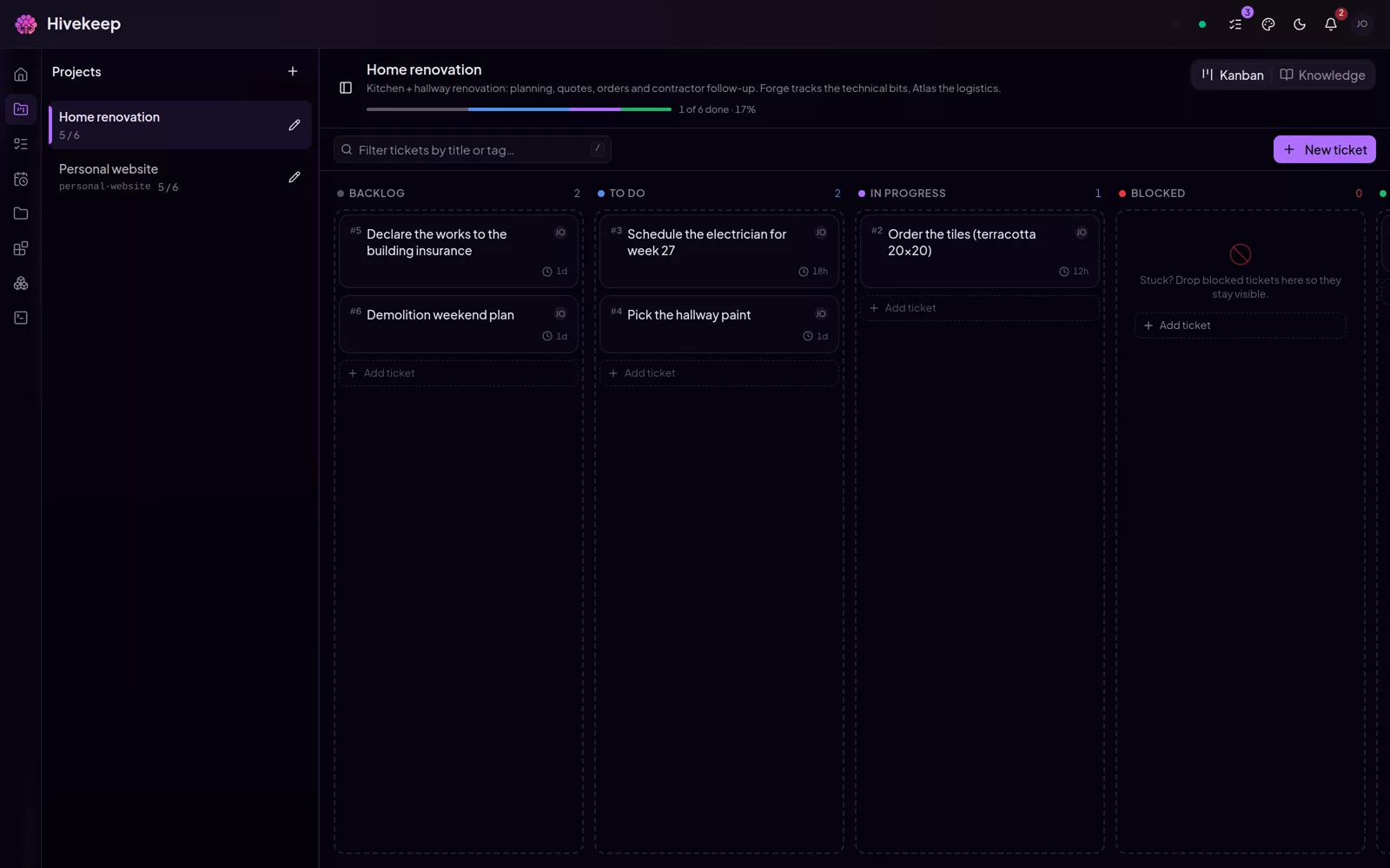 A shared kanban board with tickets across backlog, to do and in progress
