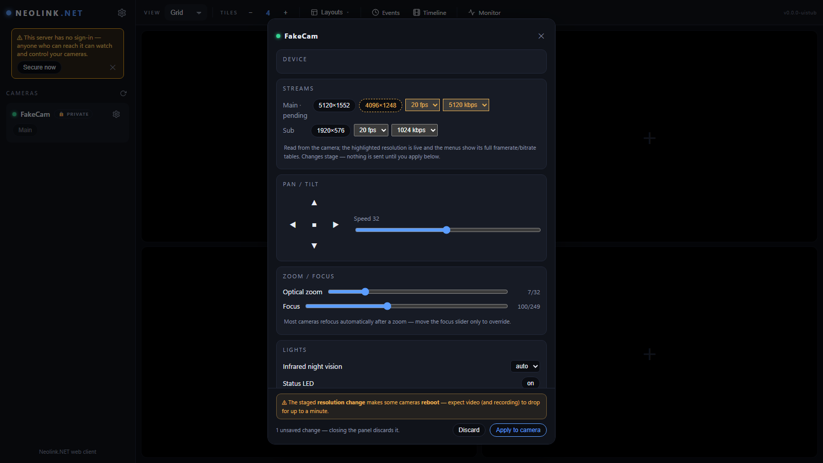 Camera settings: stream encode tables, zoom/focus, lights — staged changes with a reboot warning before anything is sent