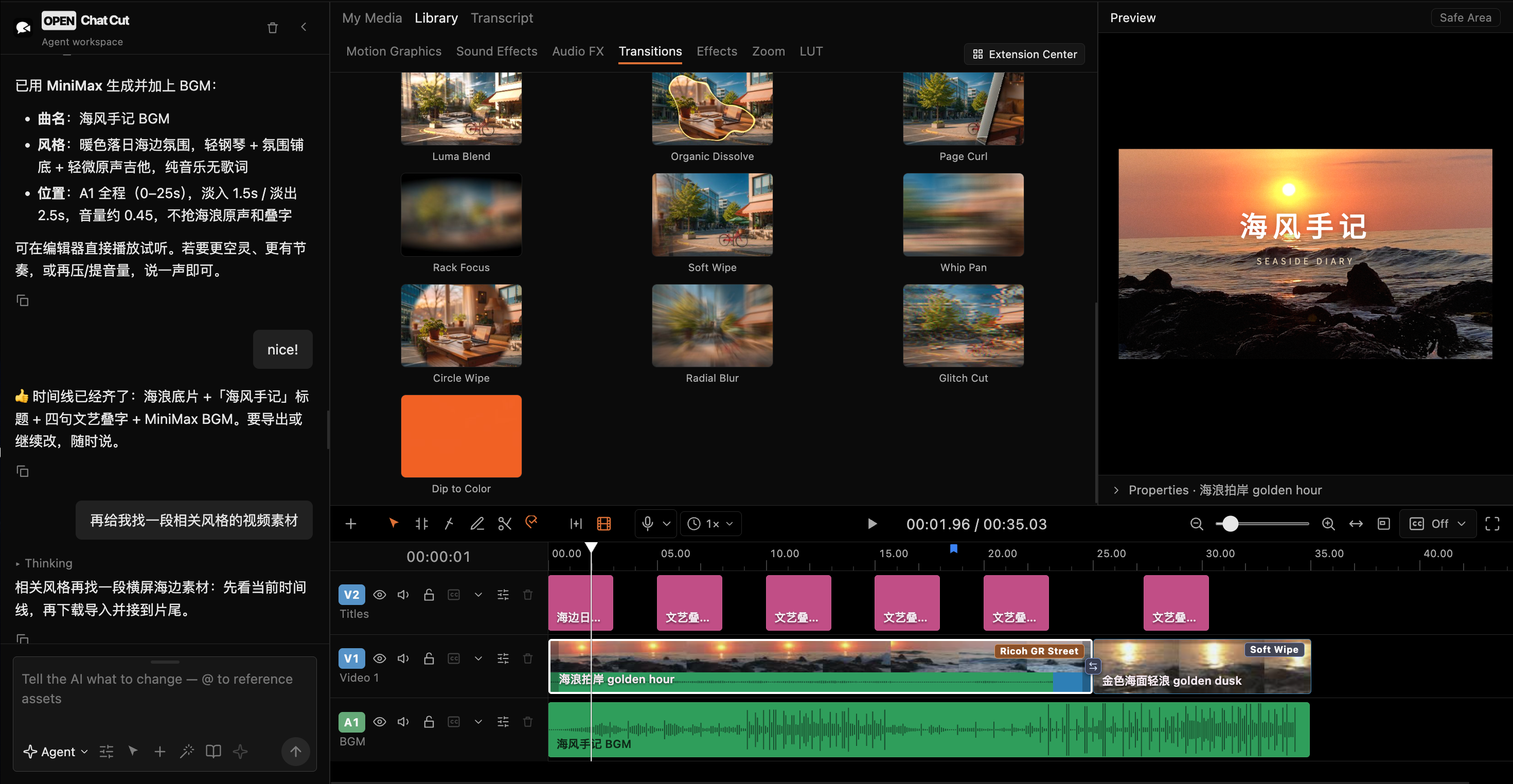 An agent generating music and editing transitions on a multitrack timeline