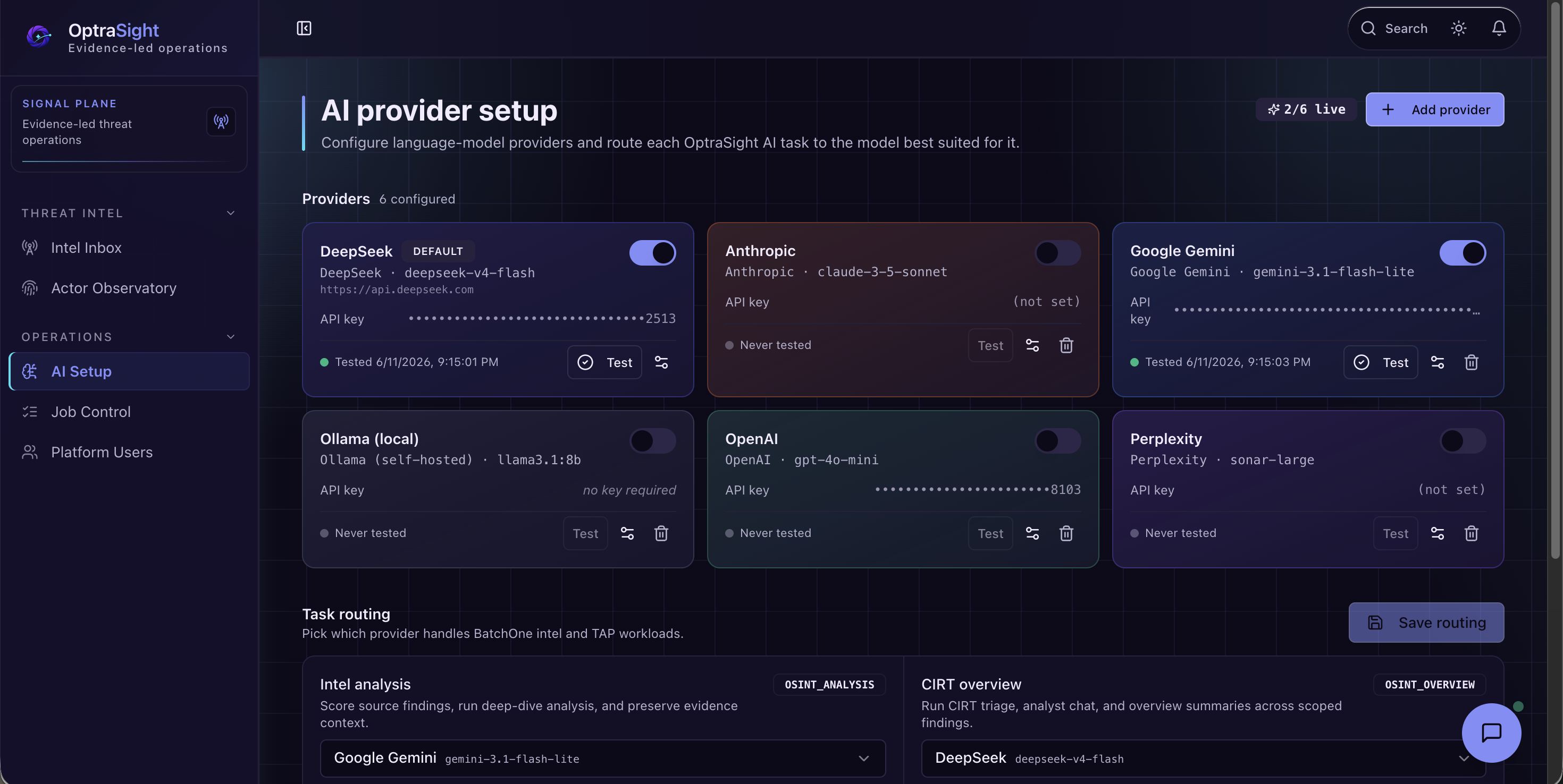 OptraSight AI Setup showing bring-your-own-provider configuration for analyst workflows