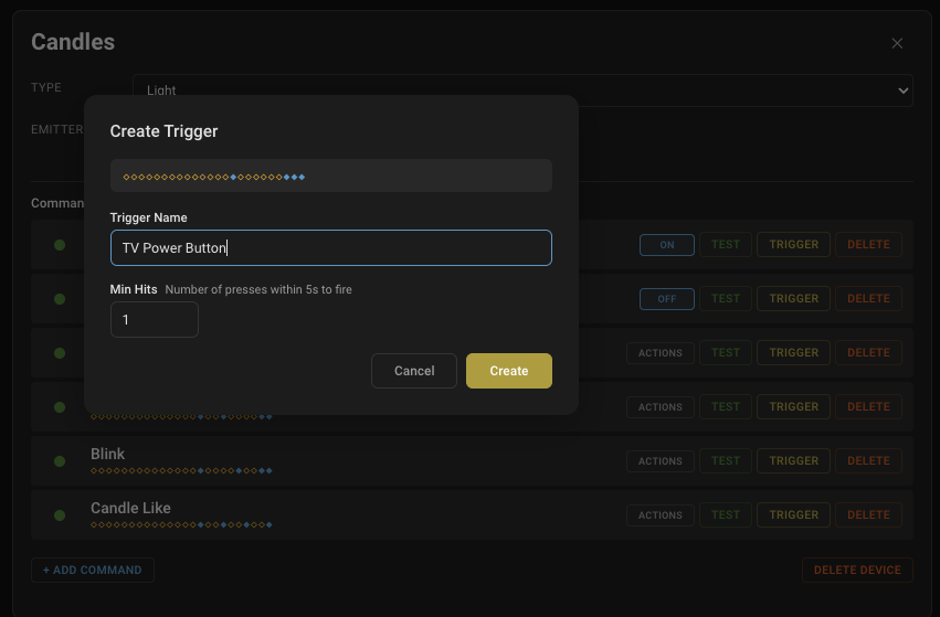 Create Trigger dialog with S/L diamond pattern and min hits setting