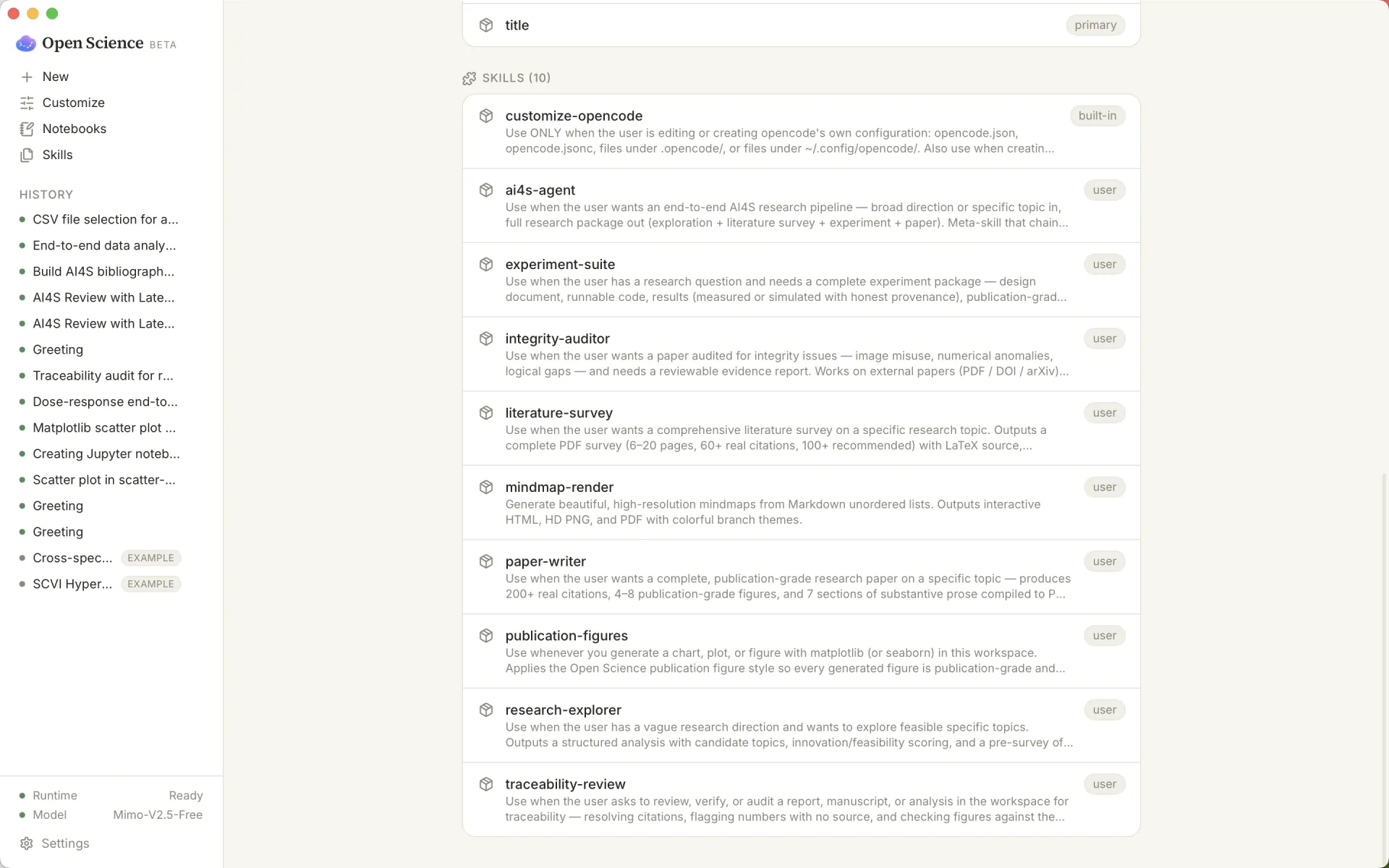 The skills library listing bundled scientific skills