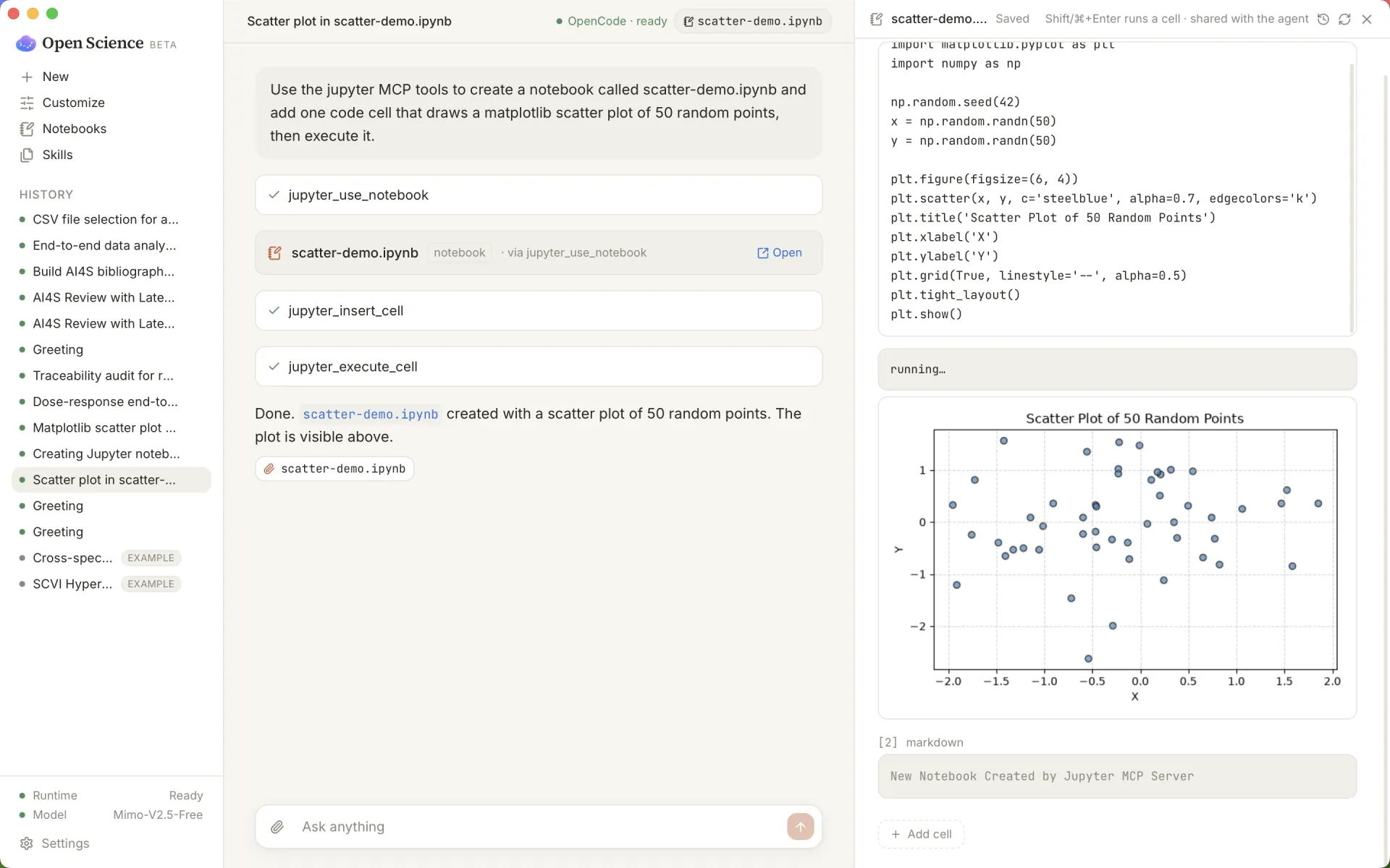 The agent driving a Jupyter notebook with a live matplotlib figure