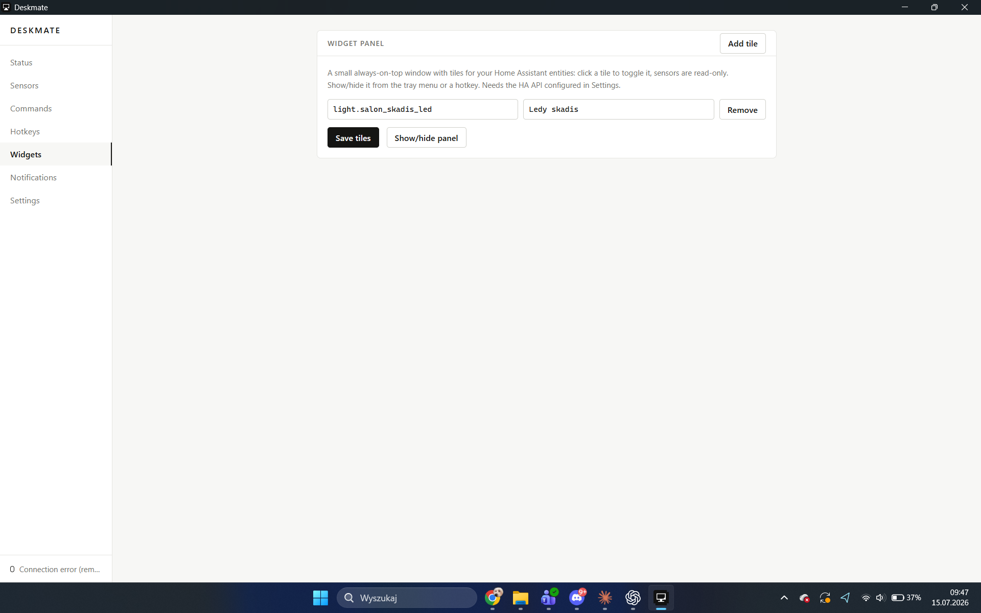 Widgets tab