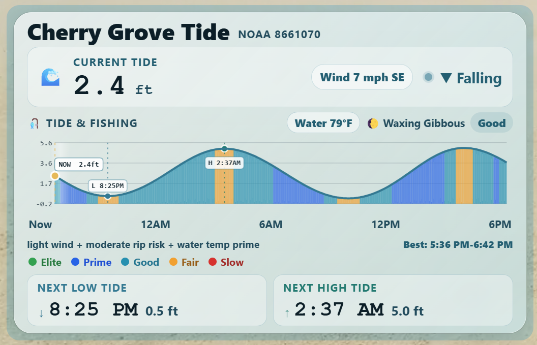 TideWise card showing current tide, tide chart, moon phase, and fishing window