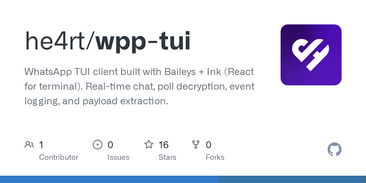he4rt/wpp-tui: whatsApp TUI client built with Baileys + Ink (React for terminal).