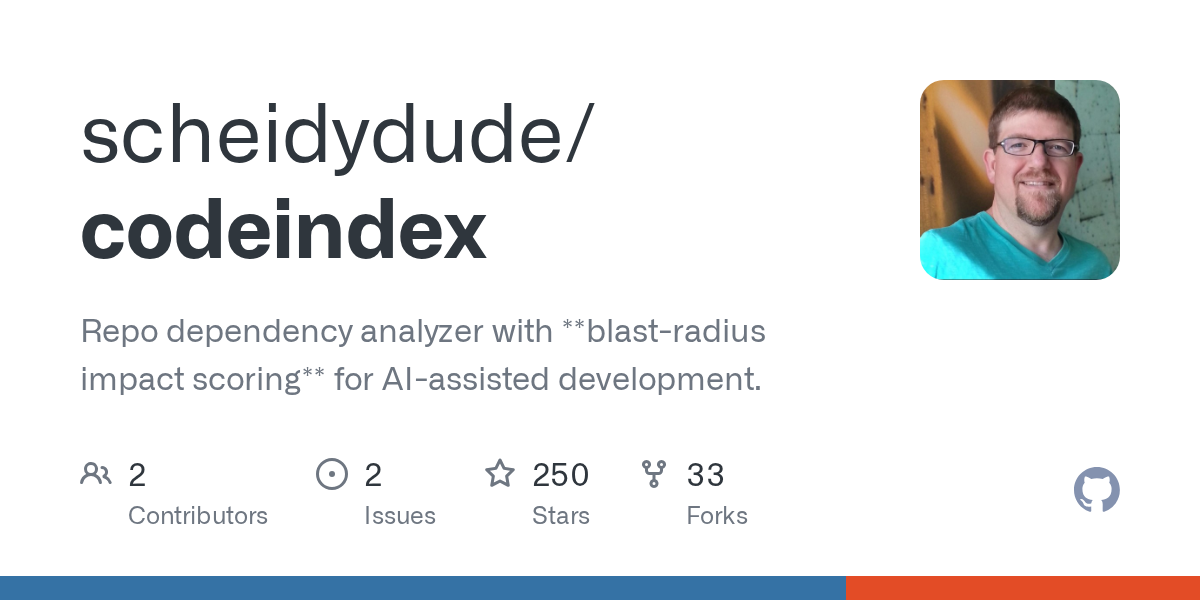 scheidydude/codeindex: repo dependency analyzer with blast-radius impact scoring and symbol indexing fo