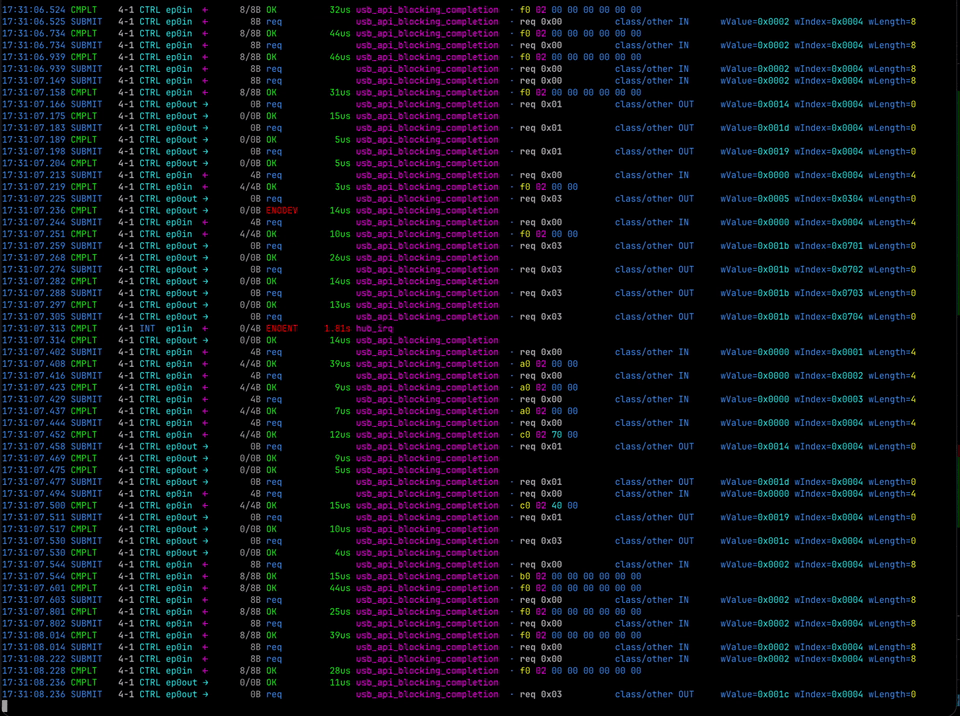 yeet-src/usbsnoop: a real-time, colorized feed of USB traffic system-wide — built on the two