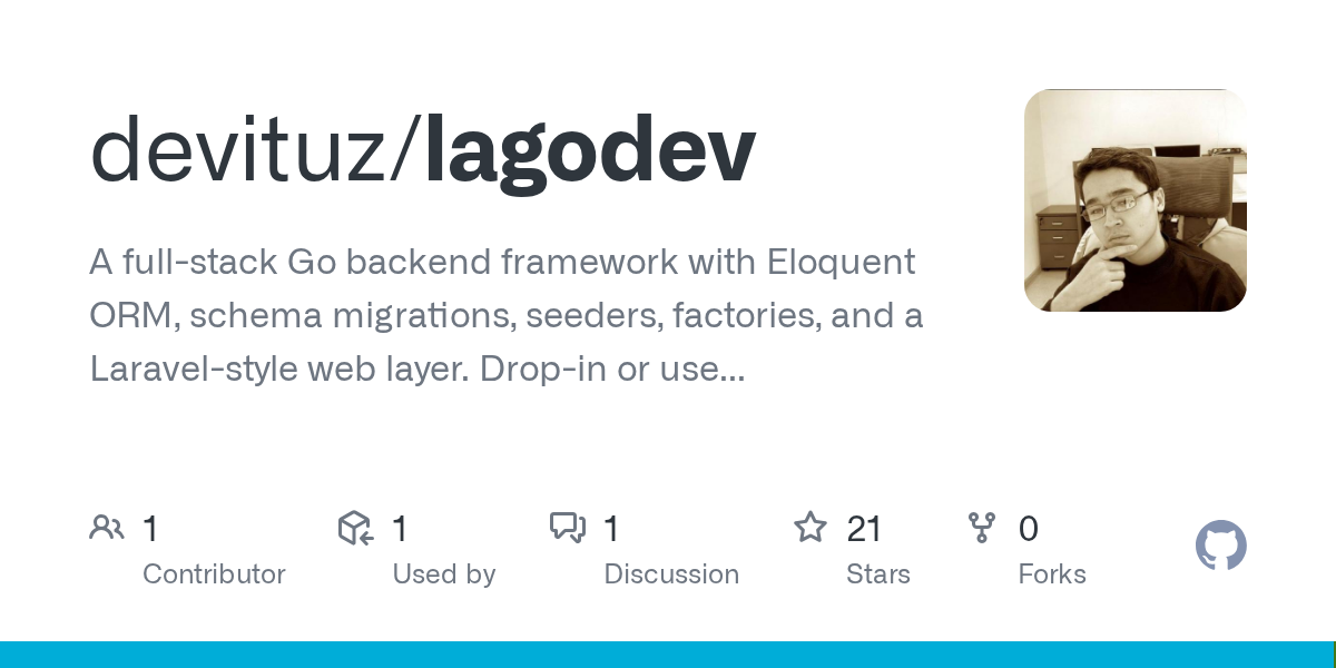 devituz/lagodev: toolkit — migrations, an Eloquent-style ORM, factories, an Artisan-style