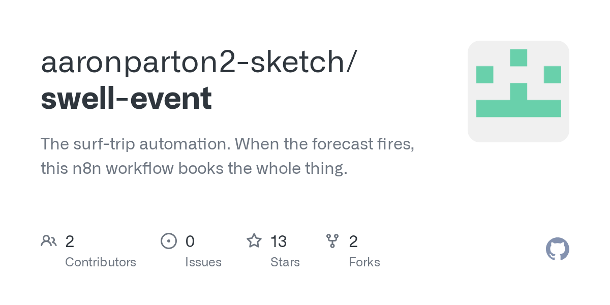 aaronparton2-sketch/swell-event automates surf trip planning with n8n and Claude Code