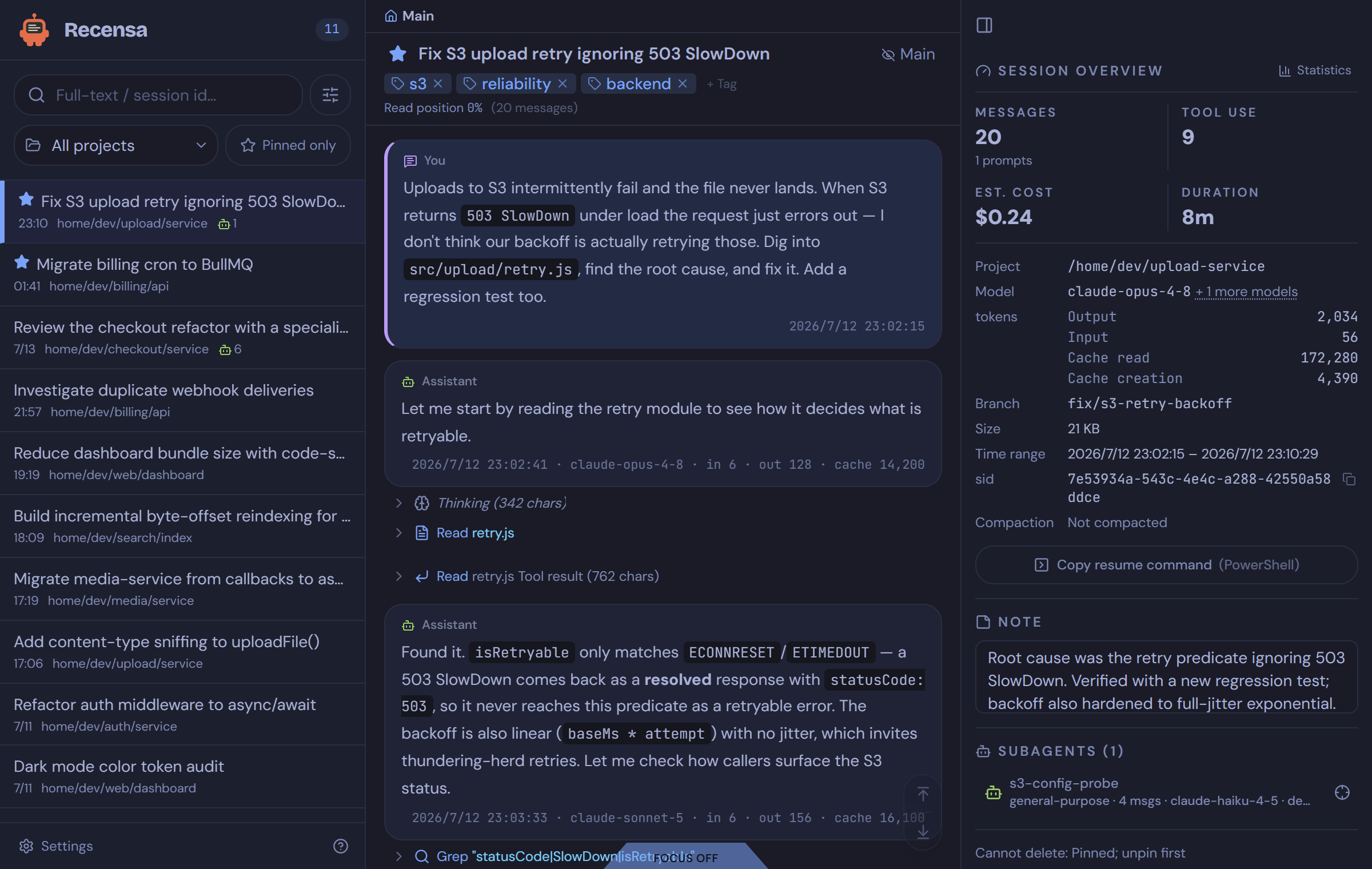S40911120/recensa: A self-hosted viewer for Claude Code session transcripts