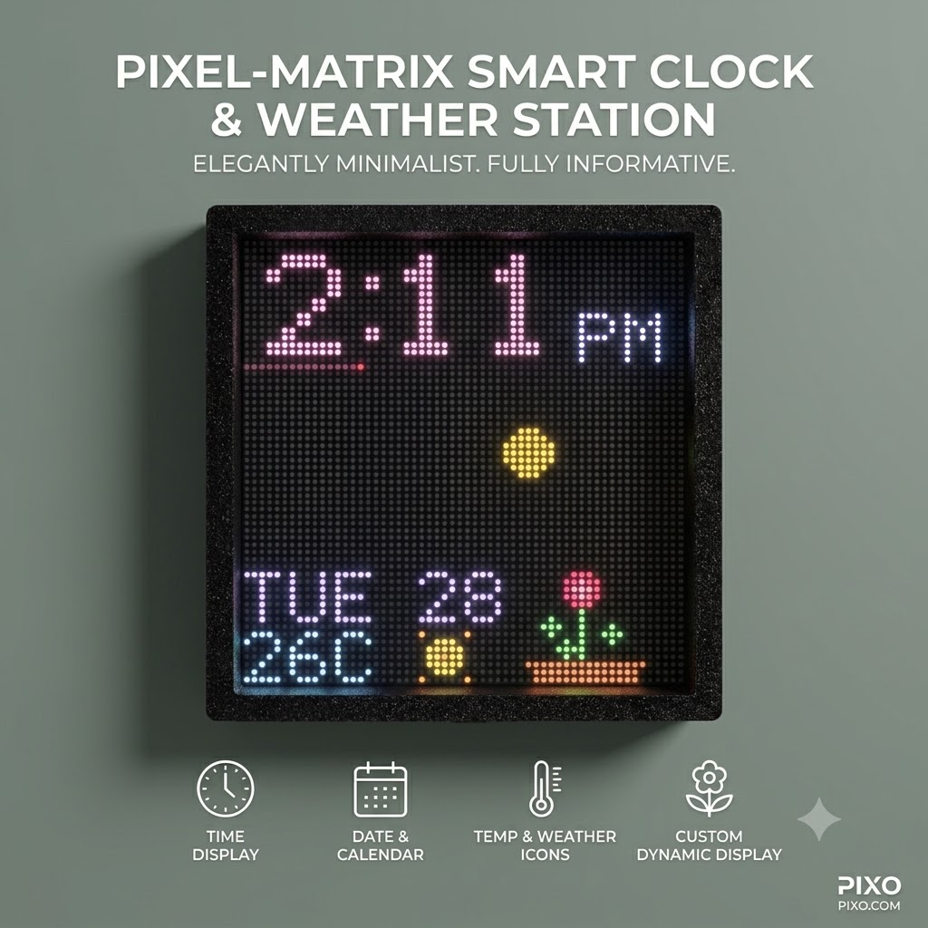 manoharc07/DigiFrame: a 64×64 HUB75 LED matrix smart clock running on an ESP32-S3.
